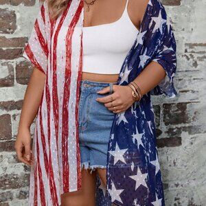 Plus Americana USA Flag Print Batwing Sleeve Chiffon Kimono Without Camisole